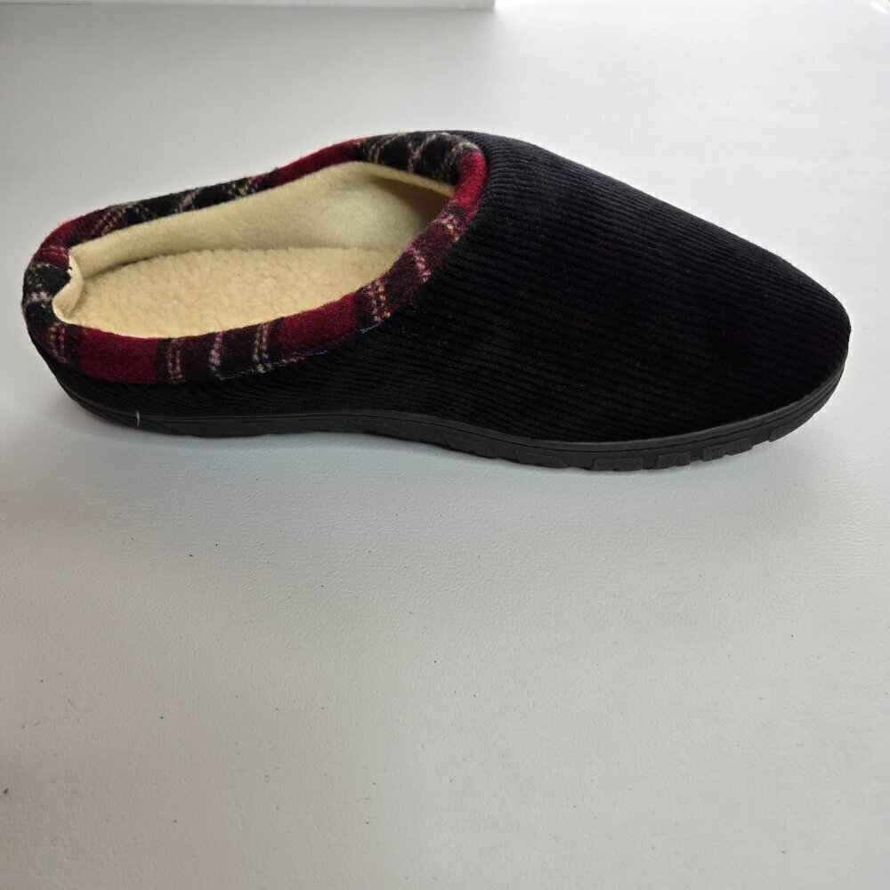 Totes Men's Black Corduroy Faux Fur Red Trim Memory Foam Slide Slippers Sz L - Picture 2 of 11